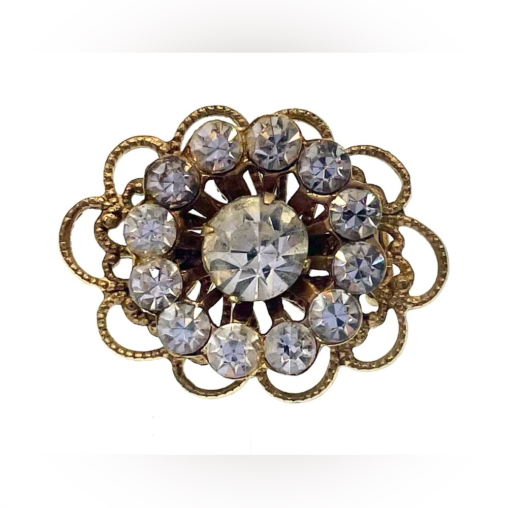 Vintage Dainty Gold Tone Openwork Brooch Scatter Pin Faceted Prong Set Crystals